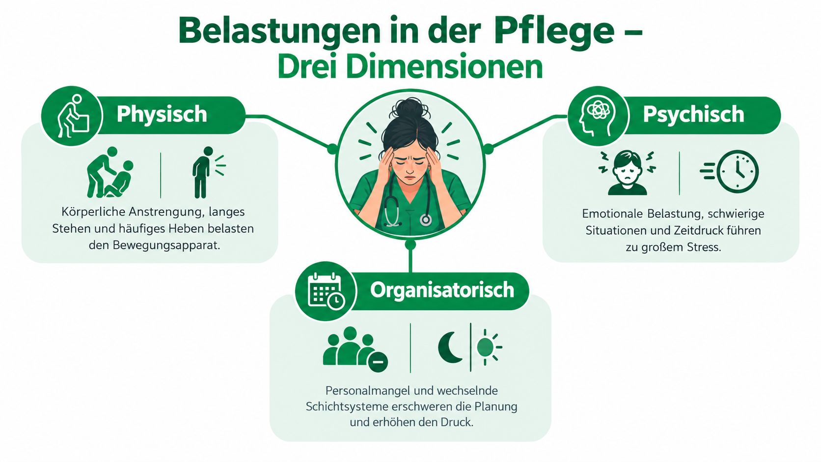 Infografik über die drei Dimensionen physischer, psychischer und organisatorischer Belastungen im Pflegeberuf mit einer gestressten Pflegekraft in der Mitte.