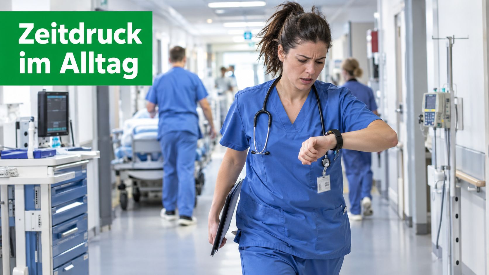Eine gestresste Krankenschwester eilt durch einen Krankenhausflur und schaut konzentriert auf ihre Armbanduhr während ihrer Schicht.