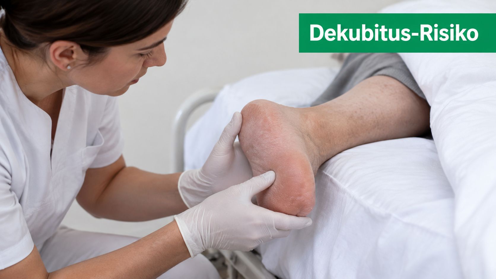 Eine Pflegekraft untersucht den Fuß eines bettlägerigen Patienten auf Anzeichen für ein mögliches Dekubitus-Risiko im Krankenhaus.