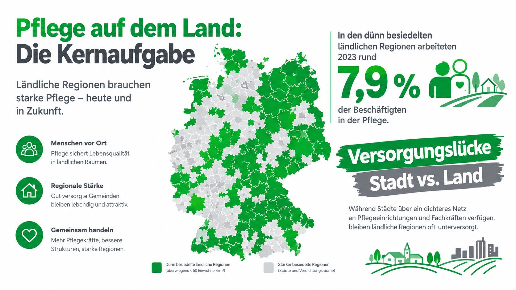 Eine Infografik über die Bedeutung der Pflege in dünn besiedelten ländlichen Regionen in Deutschland im Jahr 2023.