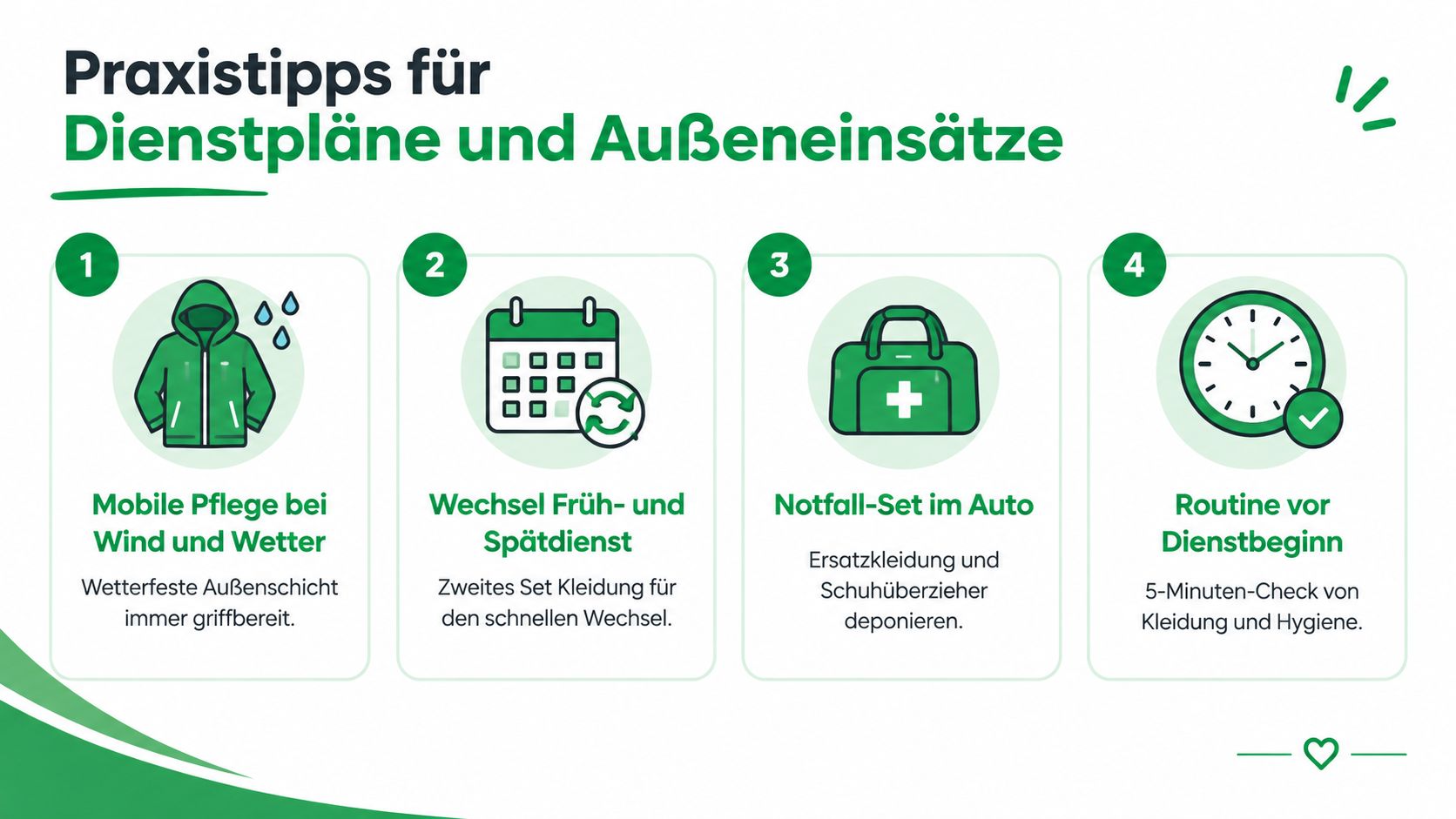 Infografik mit vier Praxistipps für Dienstpläne und Außeneinsätze in der mobilen Pflege inklusive Kleidung und Ausrüstung.