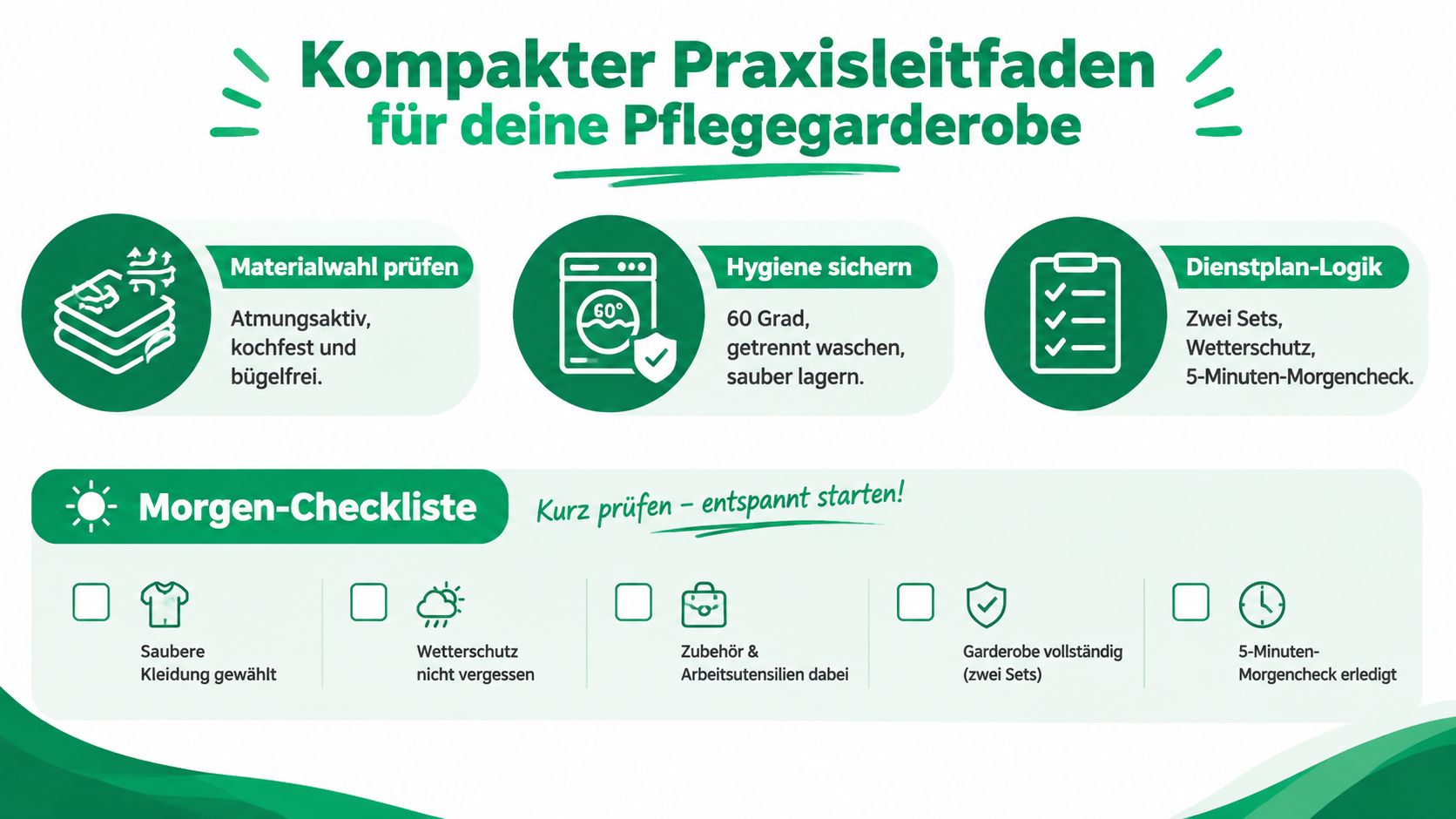 Ein kompakter Praxisleitfaden für die Pflegegarderobe mit Tipps zur Materialwahl, Hygiene und Dienstplanung sowie einer praktischen Morgen-Checkliste.