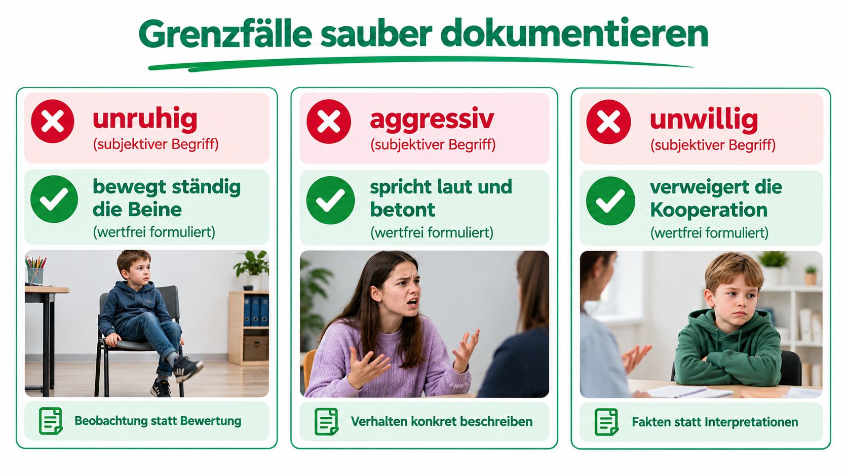 Eine Infografik zur wertfreien Dokumentation von Grenzsituationen mit Beispielen für subjektive Begriffe versus konkrete objektive Beobachtungen.
