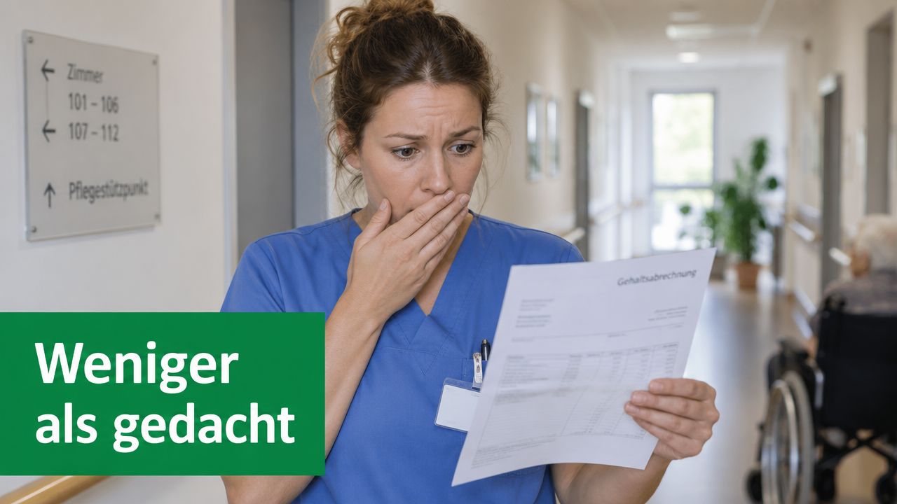 Eine geschockte Altenpflegerin in blauer Arbeitskleidung betrachtet in einem Flur ihre unerwartet niedrige Gehaltsabrechnung.