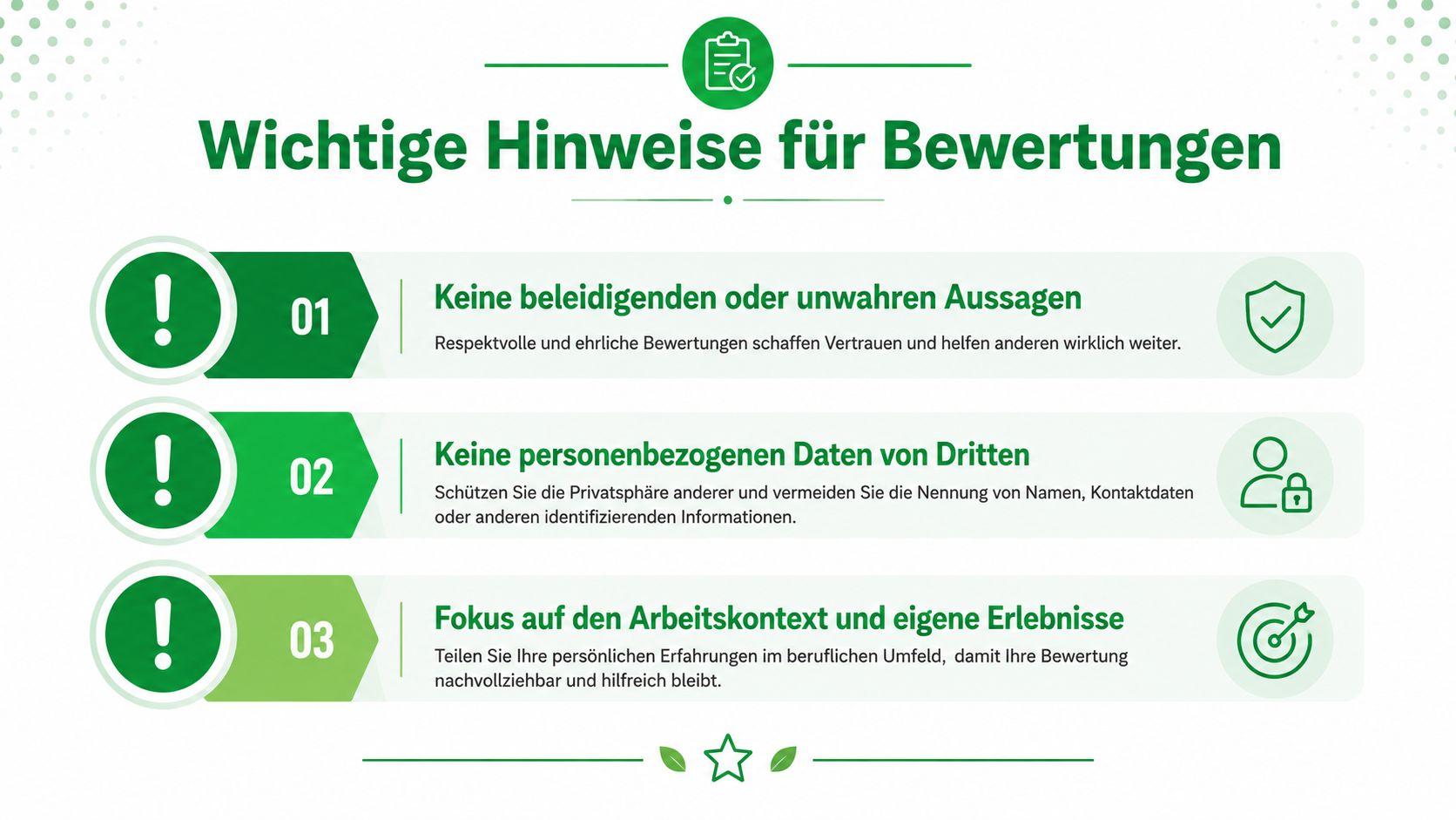 Eine Infografik mit drei wichtigen Hinweisen für das Schreiben von fairen und sachlichen Arbeitgeberbewertungen im beruflichen Kontext.