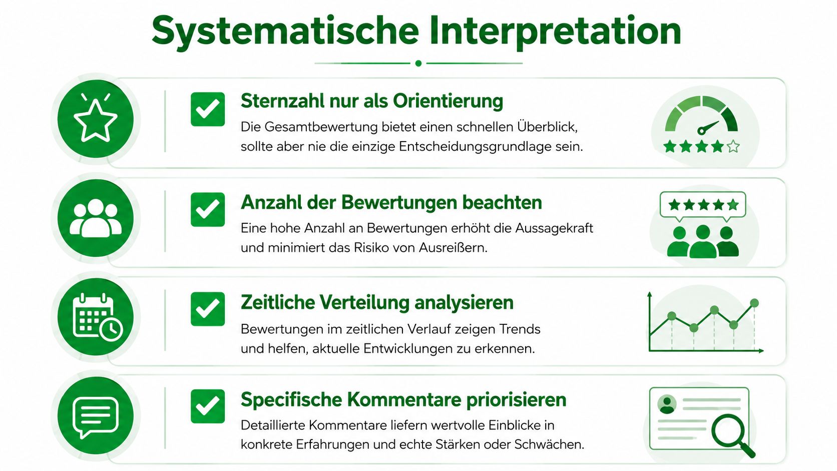 Eine Infografik zur systematischen Interpretation von Arbeitgeberbewertungen mit vier hilfreichen Schritten für eine fundierte Entscheidung.