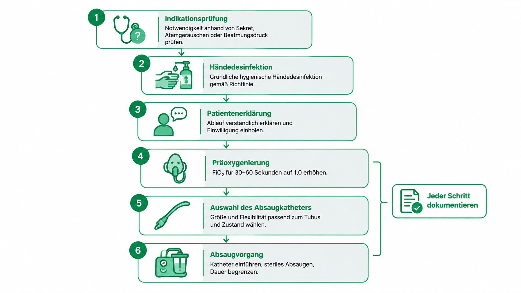 Eine Infografik zur schrittweisen Anleitung für das endotracheale Absaugen in der pflegerischen Praxis bei Patienten.