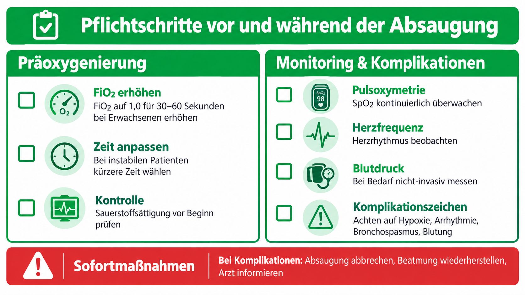 Eine Übersichtsgrafik mit Pflichtschritten für die endotracheale Absaugung, inklusive Präoxygenierung, Monitoring und notwendigen Sofortmaßnahmen bei Komplikationen.