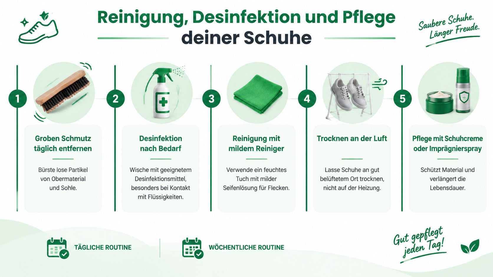 Infografik zur richtigen Reinigung, Desinfektion und Pflege von Schuhen in fünf einfachen Schritten für eine längere Lebensdauer.