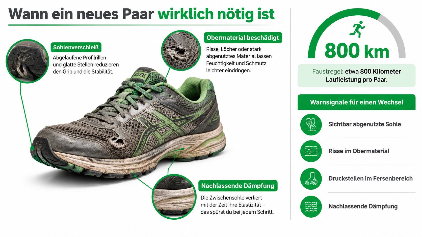 Eine Infografik zeigt Anzeichen von verschlissenen Laufschuhen wie Sohlenabnutzung, Risse im Obermaterial und nachlassende Dämpfungseigenschaften.