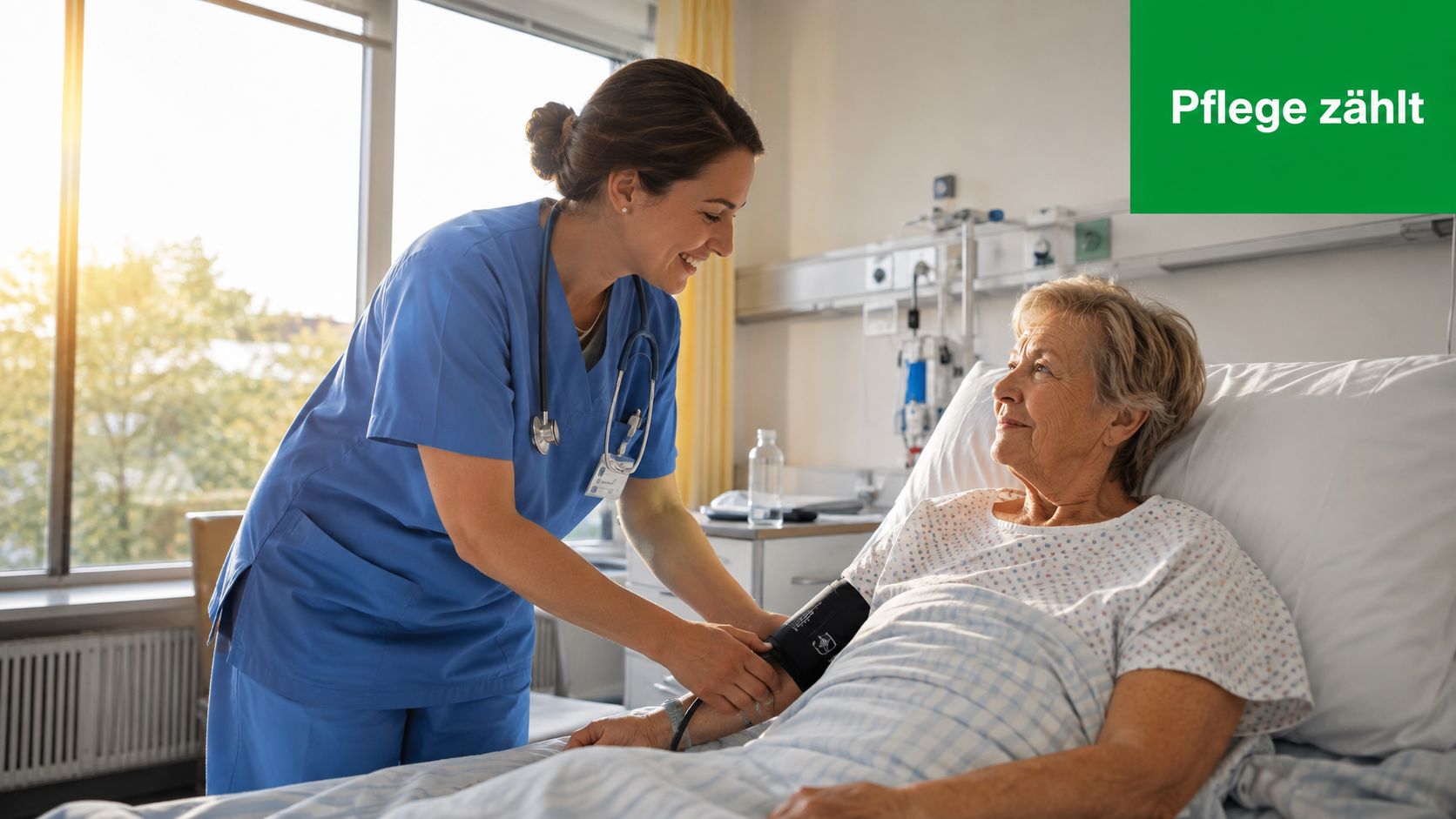 Eine freundliche Krankenpflegerin misst den Blutdruck einer älteren Patientin, die in ihrem Krankenhausbett liegt.