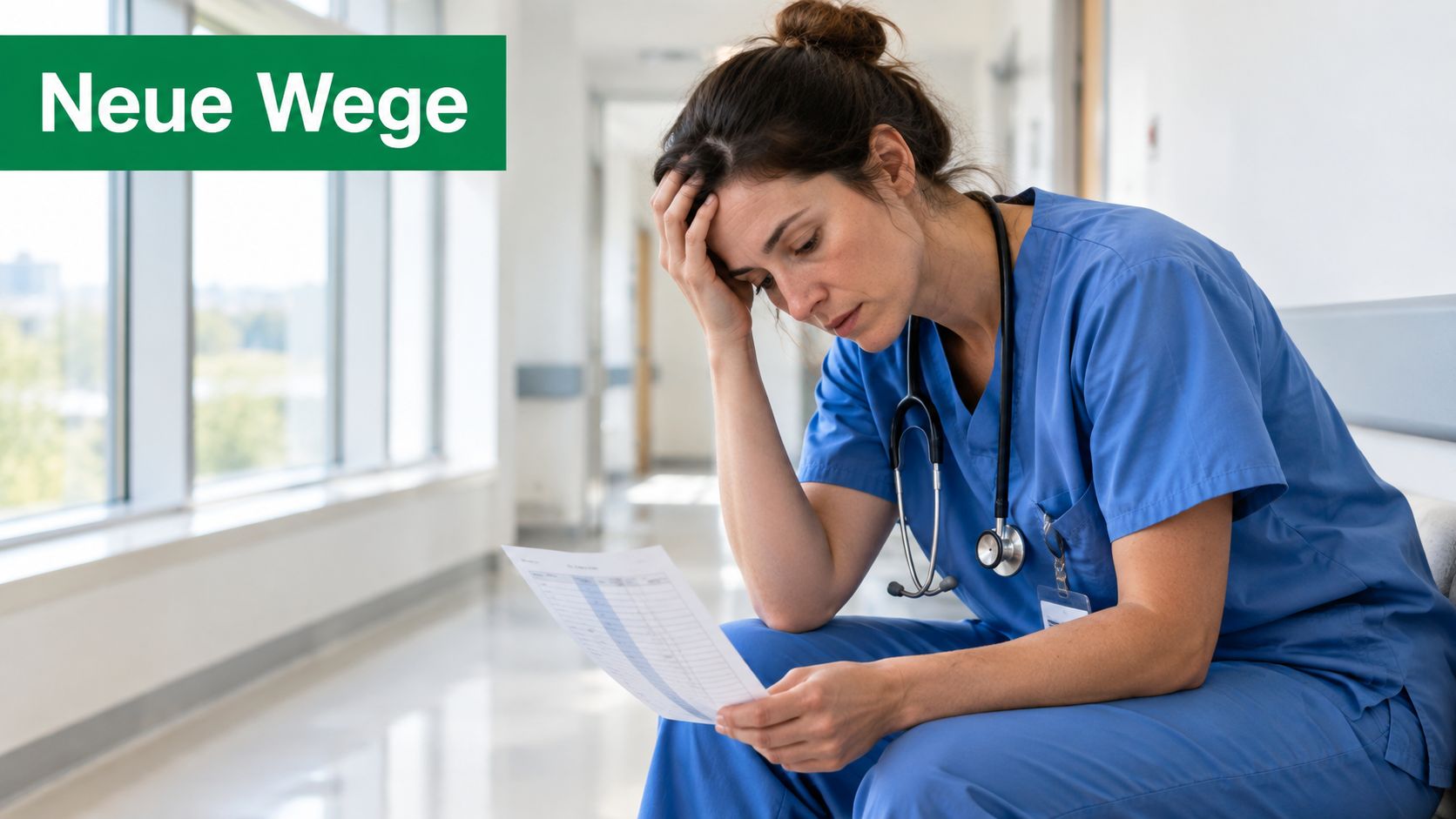 Eine erschöpfte Krankenschwester in blauer Arbeitskleidung sitzt in einem Flur und hält besorgt ein medizinisches Dokument in Händen.