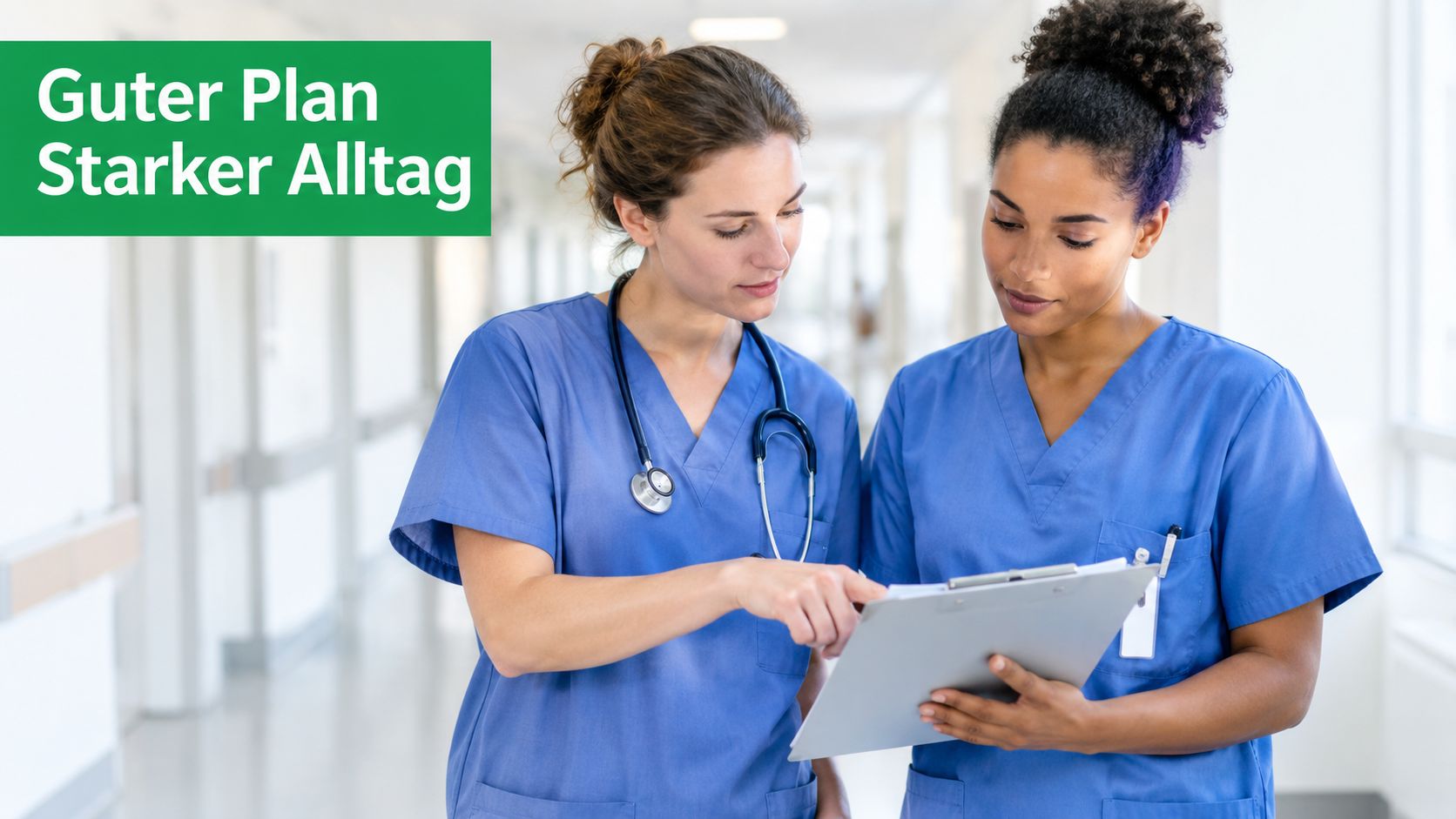 Zwei Krankenschwestern in blauen Uniformen besprechen gemeinsam einen Dienstplan auf einem Klemmbrett in einem Krankenhausflur.