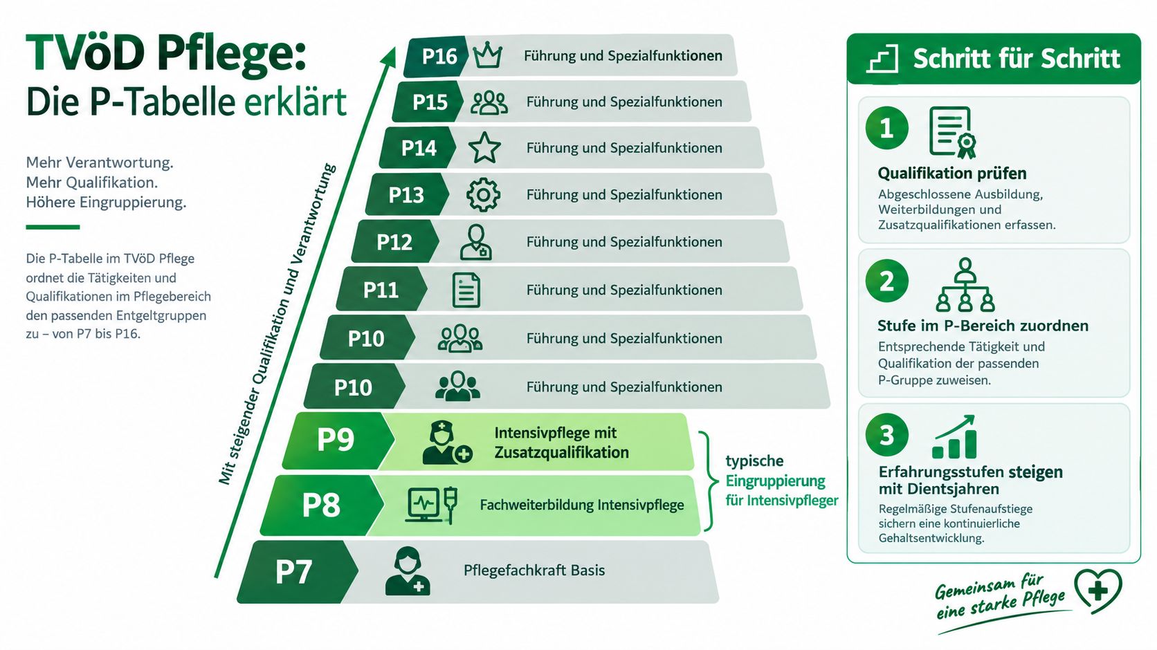 Eine Infografik zur TVöD-Pflege-Tabelle, die die Eingruppierungen für Pflegeberufe und Führungskräfte schrittweise erklärt.