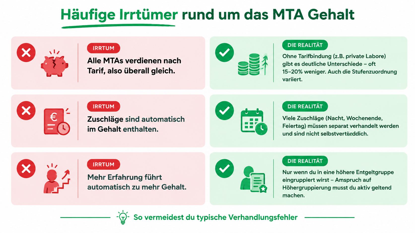 Eine Infografik über häufige Irrtümer und die Realität bezüglich des Gehalts für medizinisch-technische Assistenten (MTA).