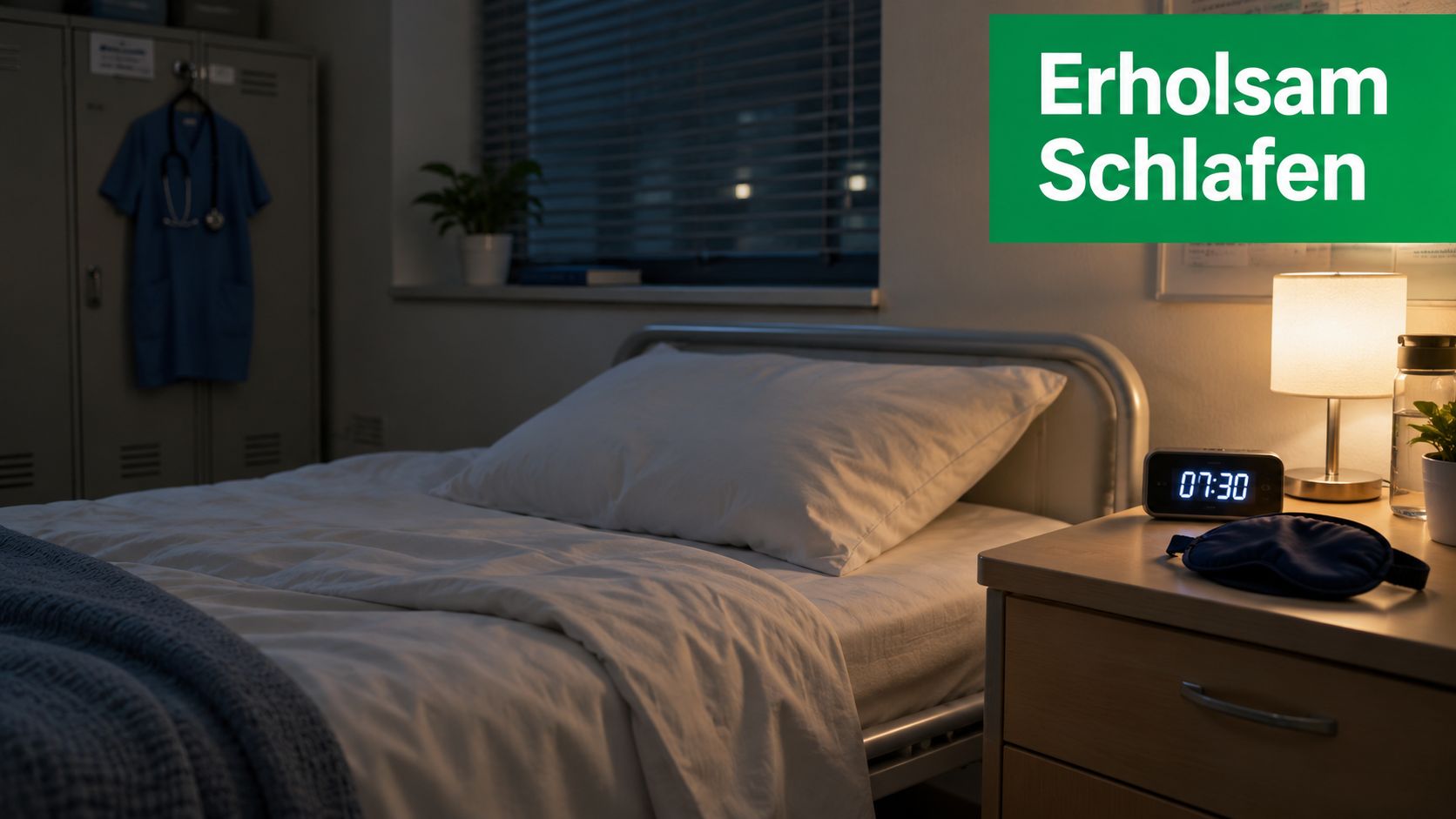 Ein ruhiges Krankenhauszimmer mit einem unbezogenen Bett und einem Nachttisch mit Wecker für erholsamen Schlaf im Nachtdienst.
