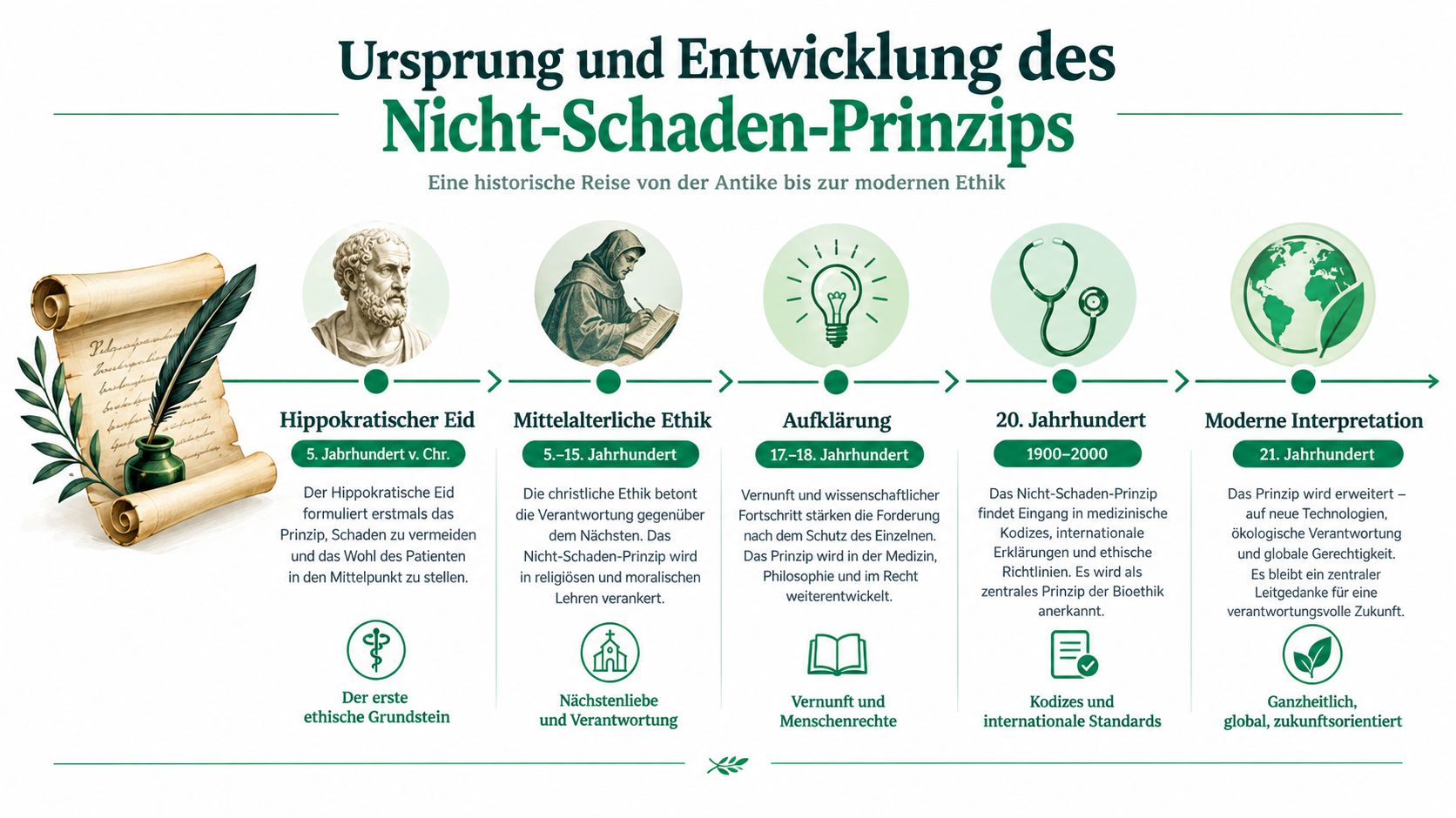 Eine Infografik zur historischen Entwicklung des Nicht-Schaden-Prinzips von der Antike bis zur modernen globalen Interpretation.