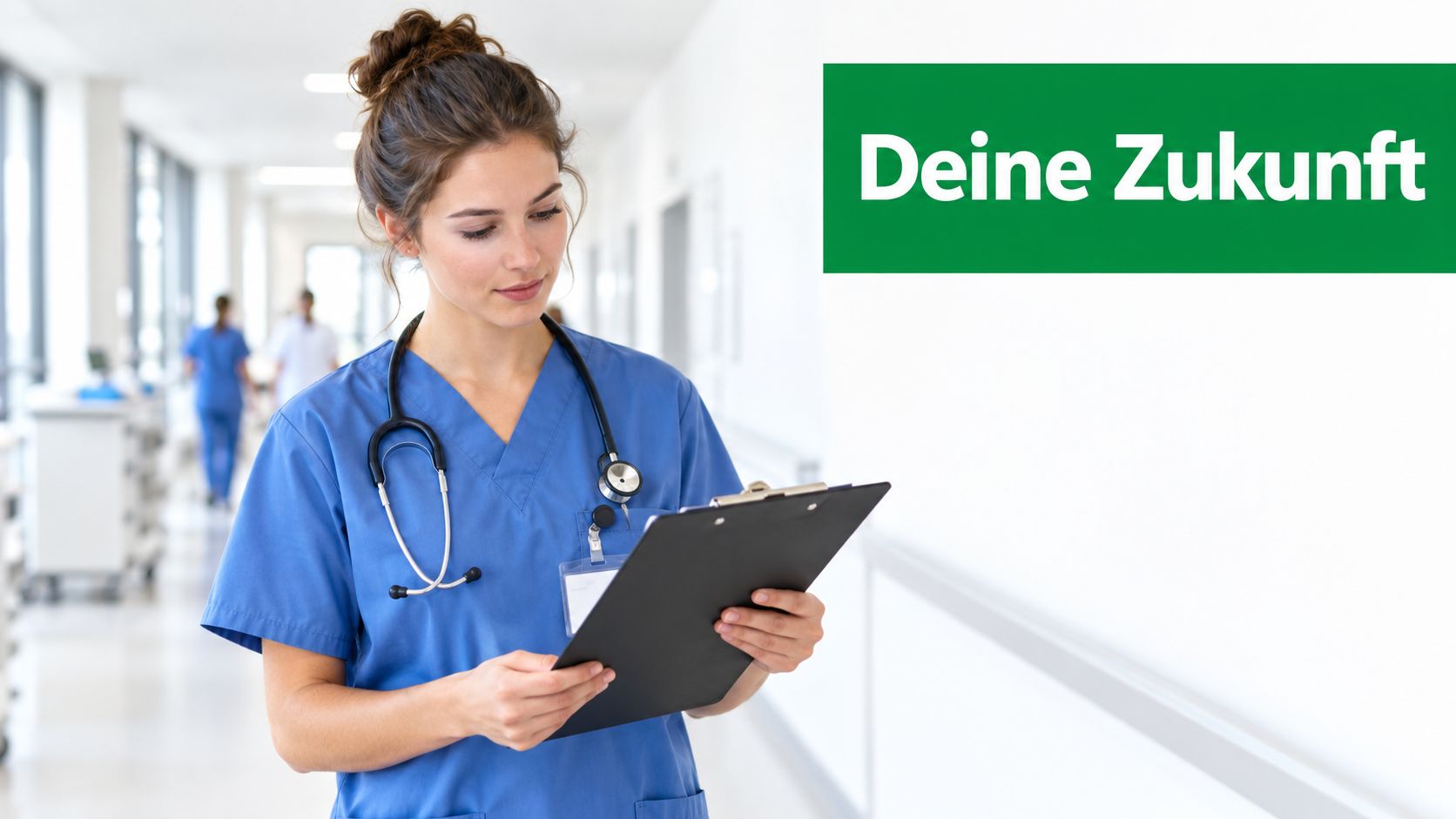 Eine junge Krankenschwester in blauer Arbeitskleidung liest konzentriert Informationen von einem Klemmbrett auf einem Krankenhausflur.
