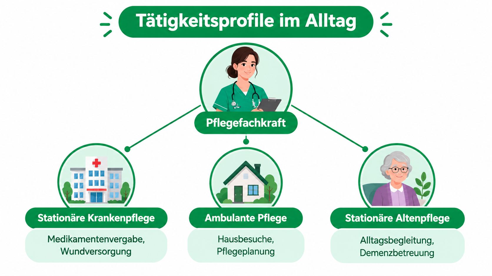 Eine Infografik zeigt die Tätigkeitsbereiche einer Pflegefachkraft in der stationären Krankenpflege, ambulanten Pflege und stationären Altenpflege.