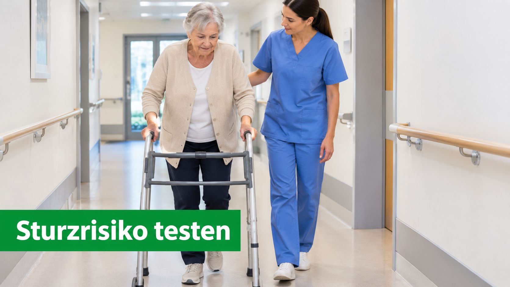 Eine Pflegekraft begleitet eine ältere Dame mit Rollator durch einen Krankenhausflur während des Sturzrisiko-Tests.
