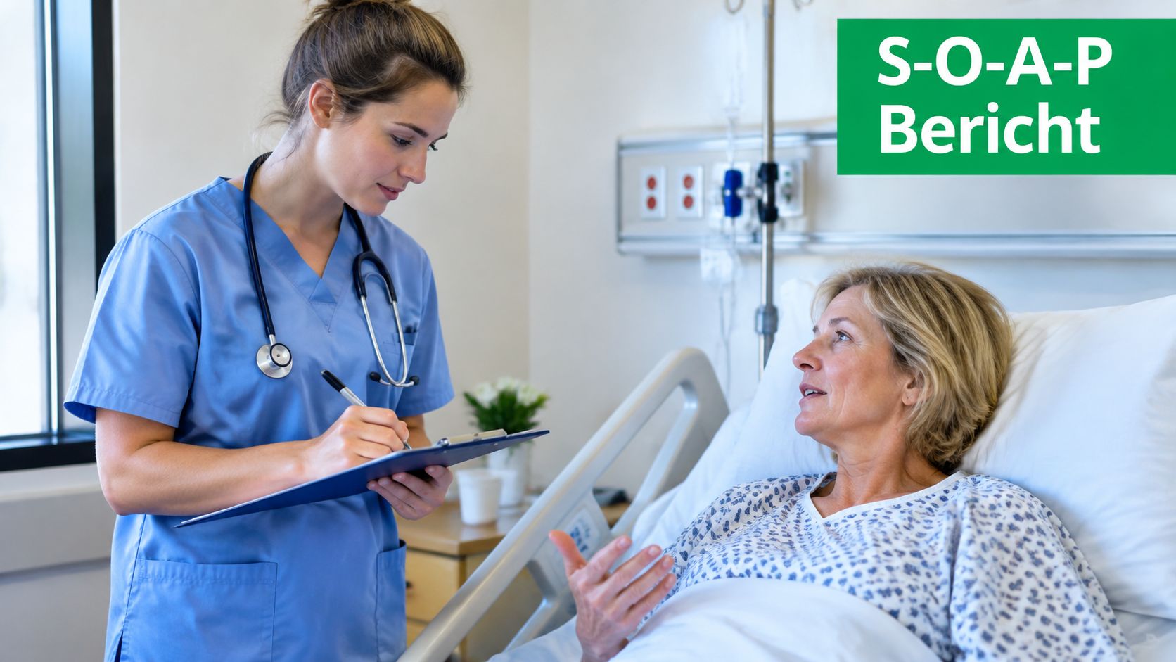 Eine Krankenschwester schreibt einen S-O-A-P-Bericht, während sie mit einer Patientin in einem Krankenhausbett spricht.