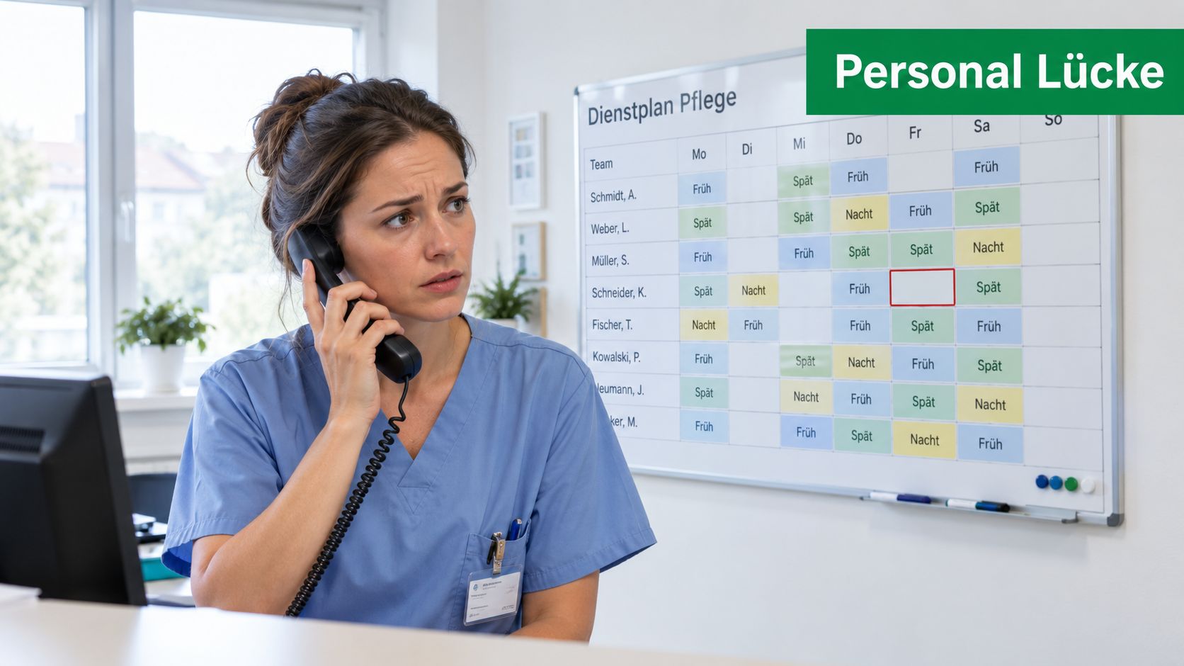 Eine besorgte Krankenschwester telefoniert vor einem Dienstplan, auf dem eine Personal Lücke markiert ist.