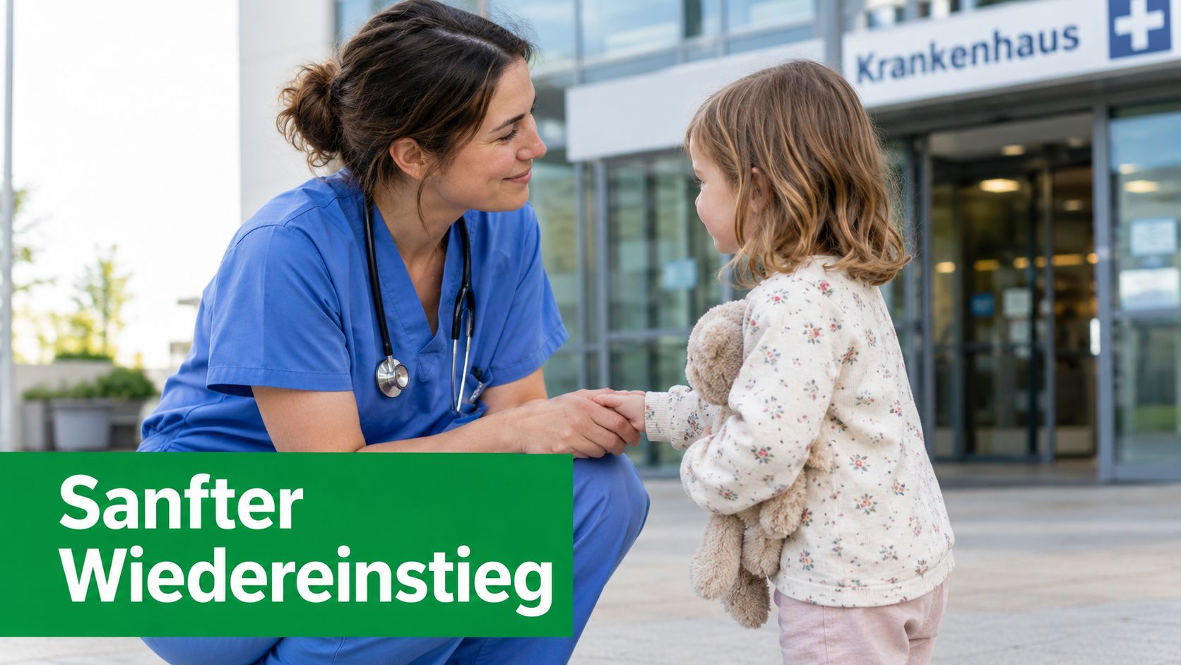 Eine freundliche Krankenschwester kniet vor einem kleinen Kind mit Teddybär vor einem modernen Krankenhausgebäude.