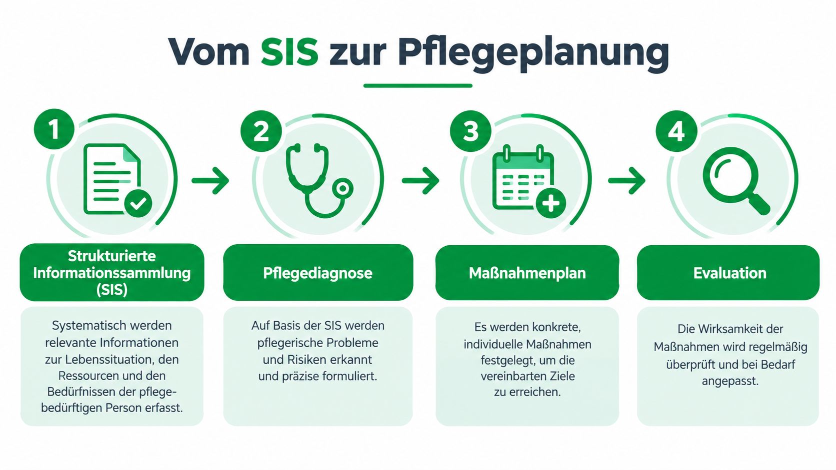 Grafik zeigt den vierstufigen Prozess von der strukturierten Informationssammlung über die Pflegediagnose und Maßnahmenplanung bis zur Evaluation.