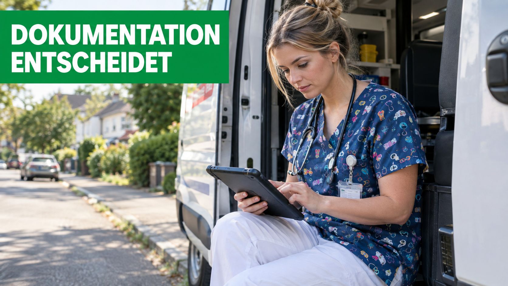 Eine mobile Pflegekraft in blauer Arbeitskleidung dokumentiert Patienteninformationen auf einem Tablet vor einem Einsatzfahrzeug.