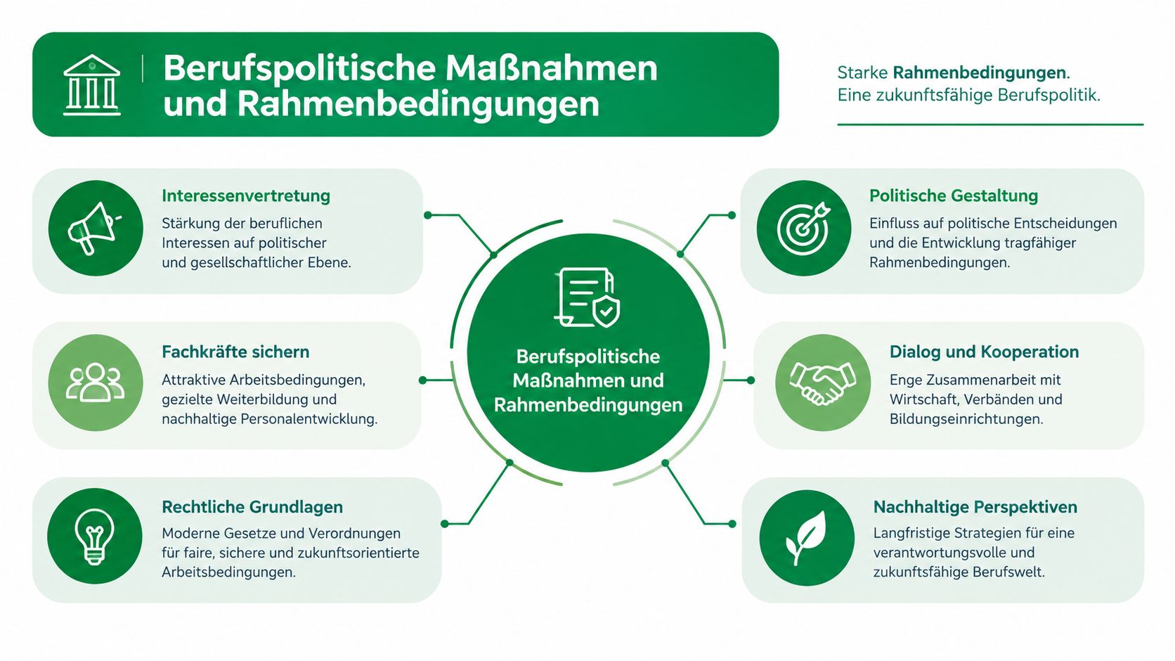 Eine Infografik über berufspolitische Maßnahmen und Rahmenbedingungen mit sechs strategischen Handlungsfeldern für die professionelle Pflege.