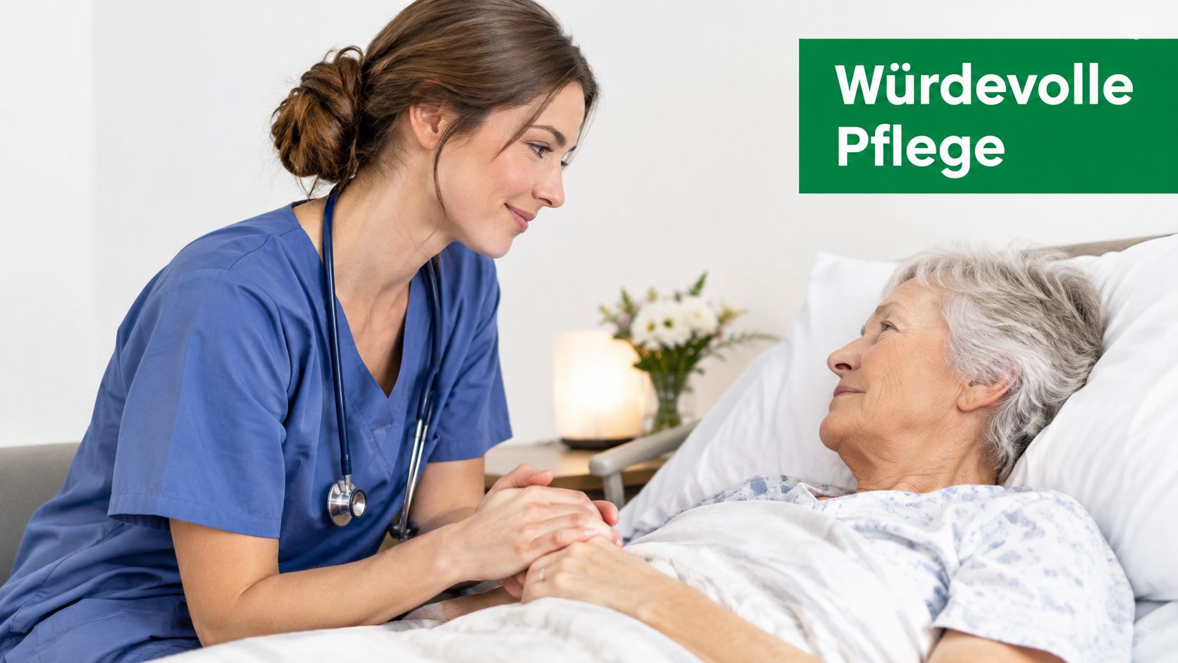 Eine freundliche Pflegekraft hält fürsorglich die Hand einer älteren Dame, die bequem im Krankenhausbett liegt.