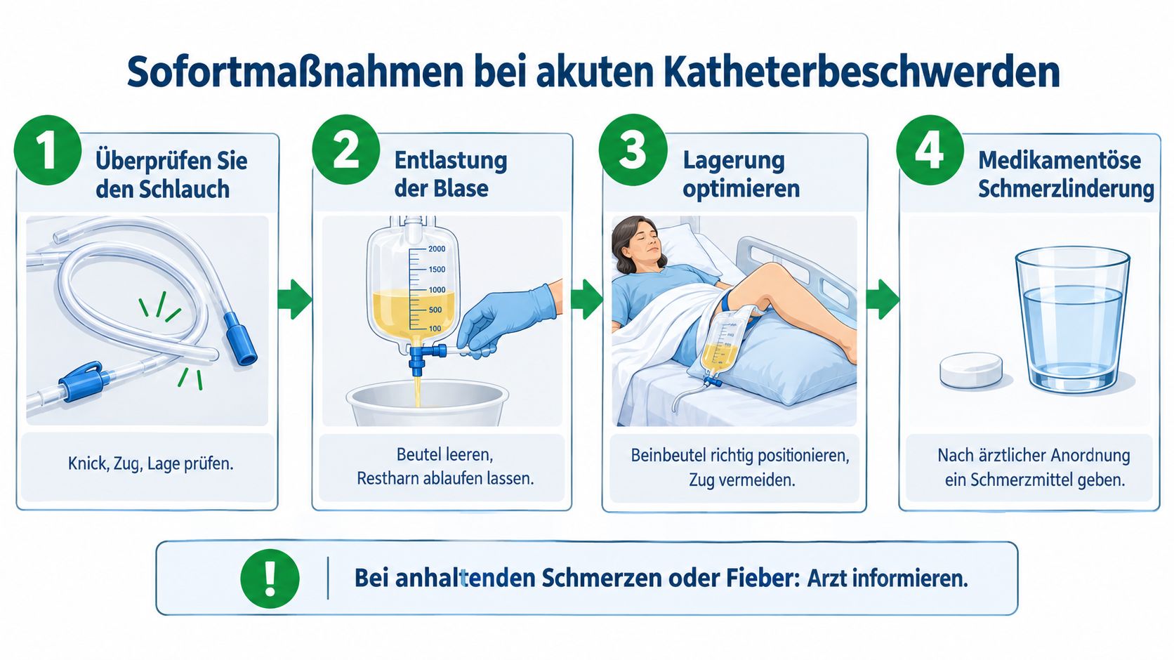 Eine Infografik mit vier Schritten zur ersten Hilfe bei akuten Beschwerden durch einen Blasenkatheter inklusive wichtiger Warnhinweise.