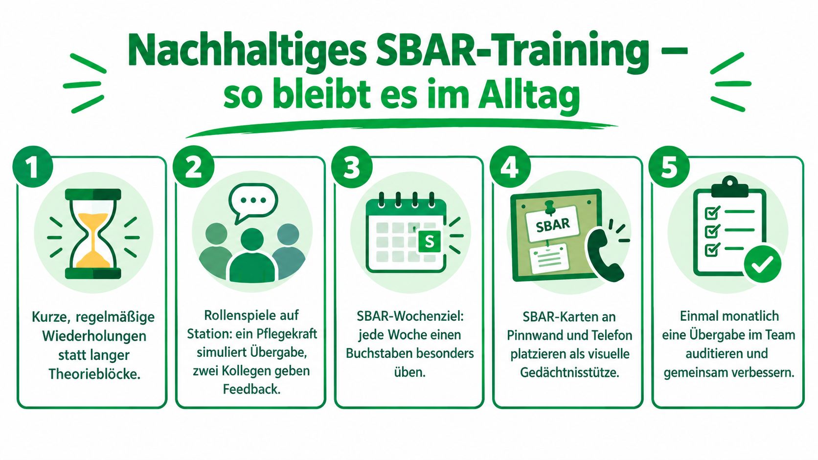 Eine Infografik mit fünf Schritten für ein nachhaltiges SBAR-Training zur Verbesserung der Kommunikation in der Pflege.