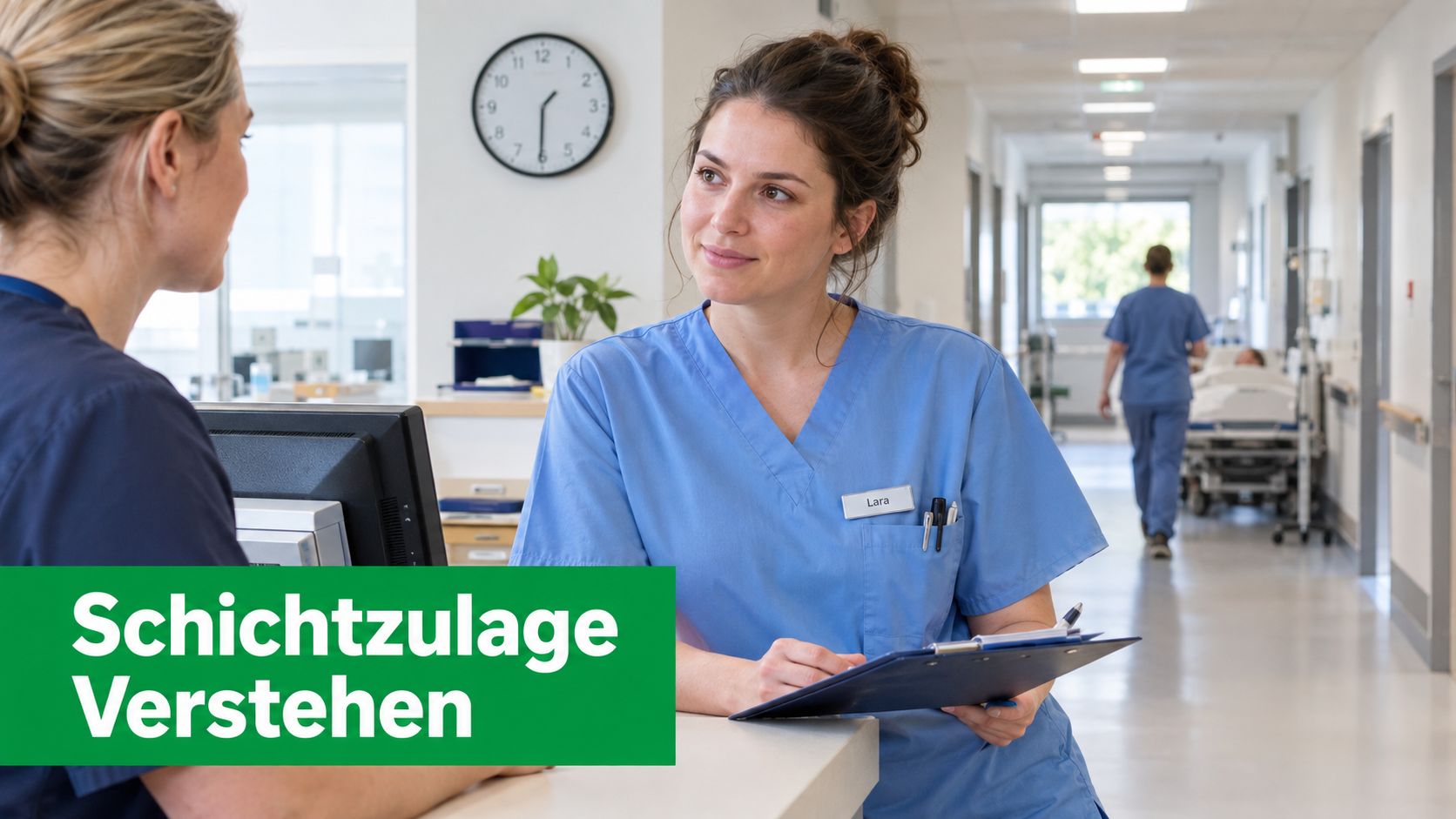 Zwei Krankenpflegerinnen unterhalten sich am Empfang in einem Krankenhausflur, während im Hintergrund ein Kollege vorbeiläuft.