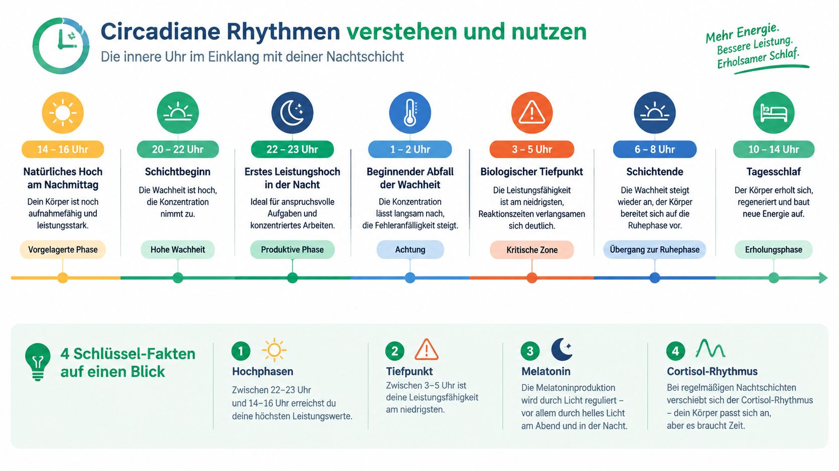 Eine Infografik erklärt die Auswirkungen von Nachtschichten auf die menschlichen Biorhythmen und gibt hilfreiche Tipps zur Leistungssteigerung.