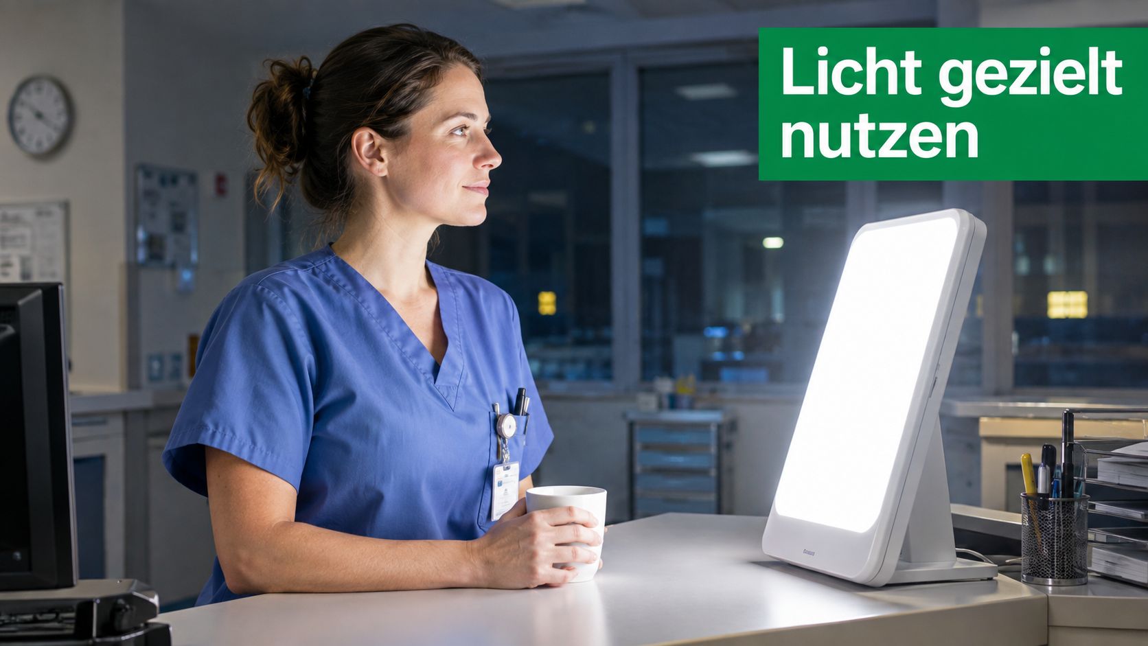 Eine Krankenschwester nutzt während der Nachtschicht eine Tageslichtlampe zur Beleuchtung am Arbeitsplatz im Krankenhaus.
