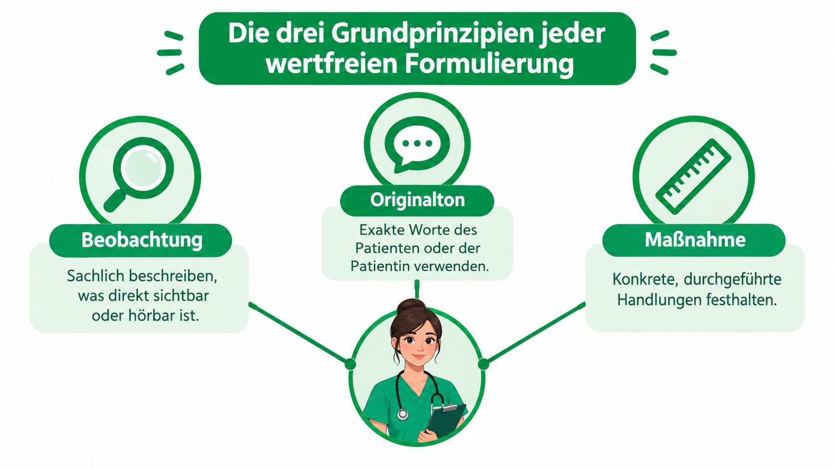 Eine Infografik erklärt die drei Grundprinzipien für wertfreie Formulierungen in der professionellen Pflegedokumentation: Beobachtung, Originalton und Maßnahme.