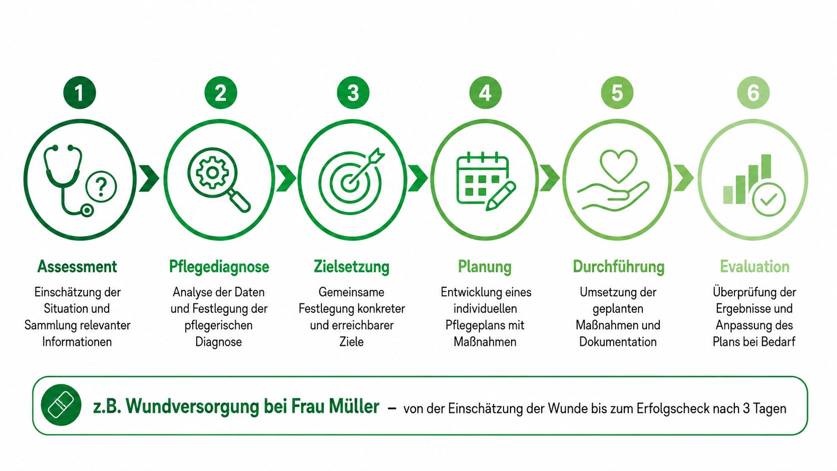 Ein sechsstufiger Pflegeprozess, der von der Assessment-Phase bis hin zur abschließenden Evaluation reicht.