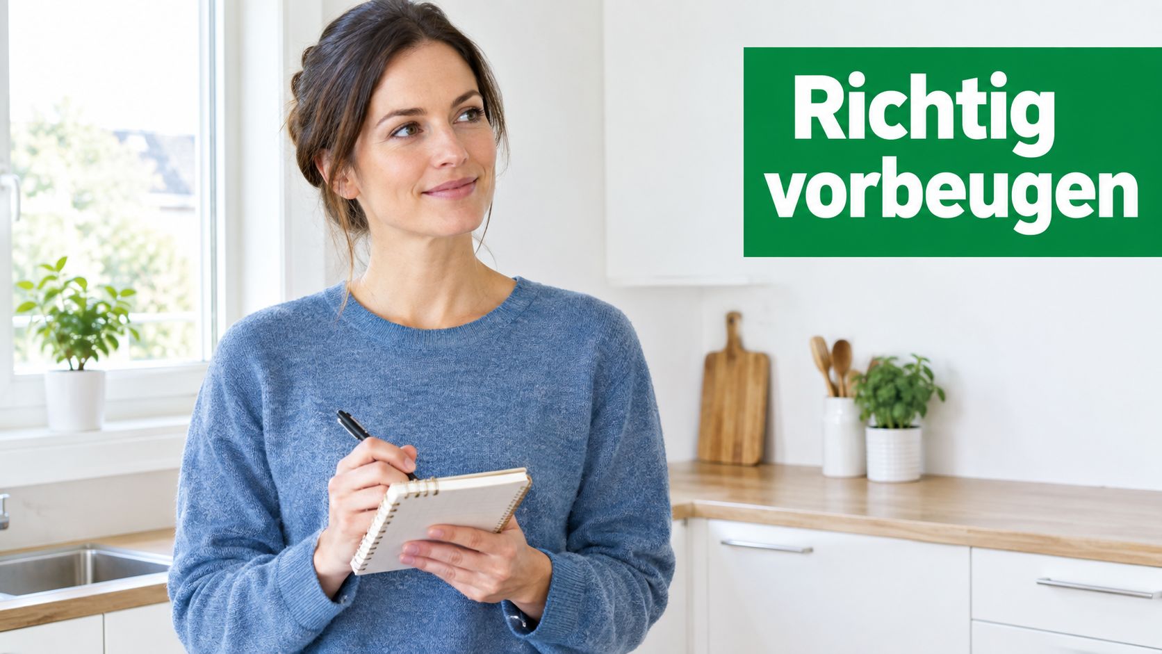 Eine Frau in einem blauen Pullover notiert sich Gedanken in einer Küche mit dem Slogan Richtig vorbeugen.
