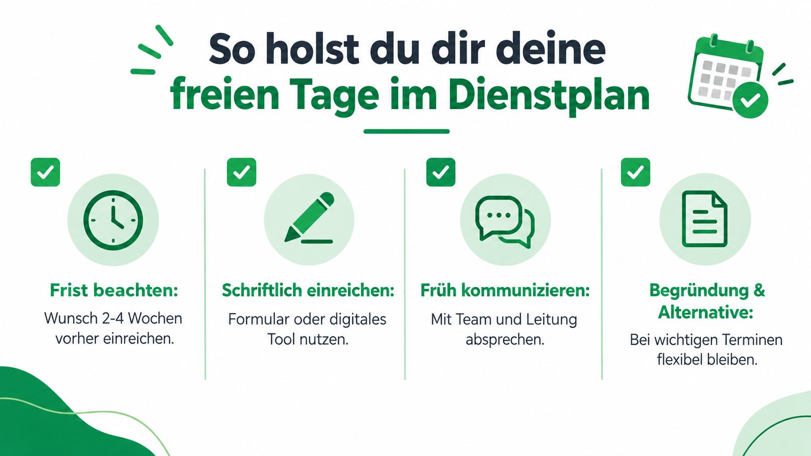 Eine Infografik mit vier Tipps zum Einreichen von Urlaubswünschen oder freien Tagen im Dienstplan für die Pflege.