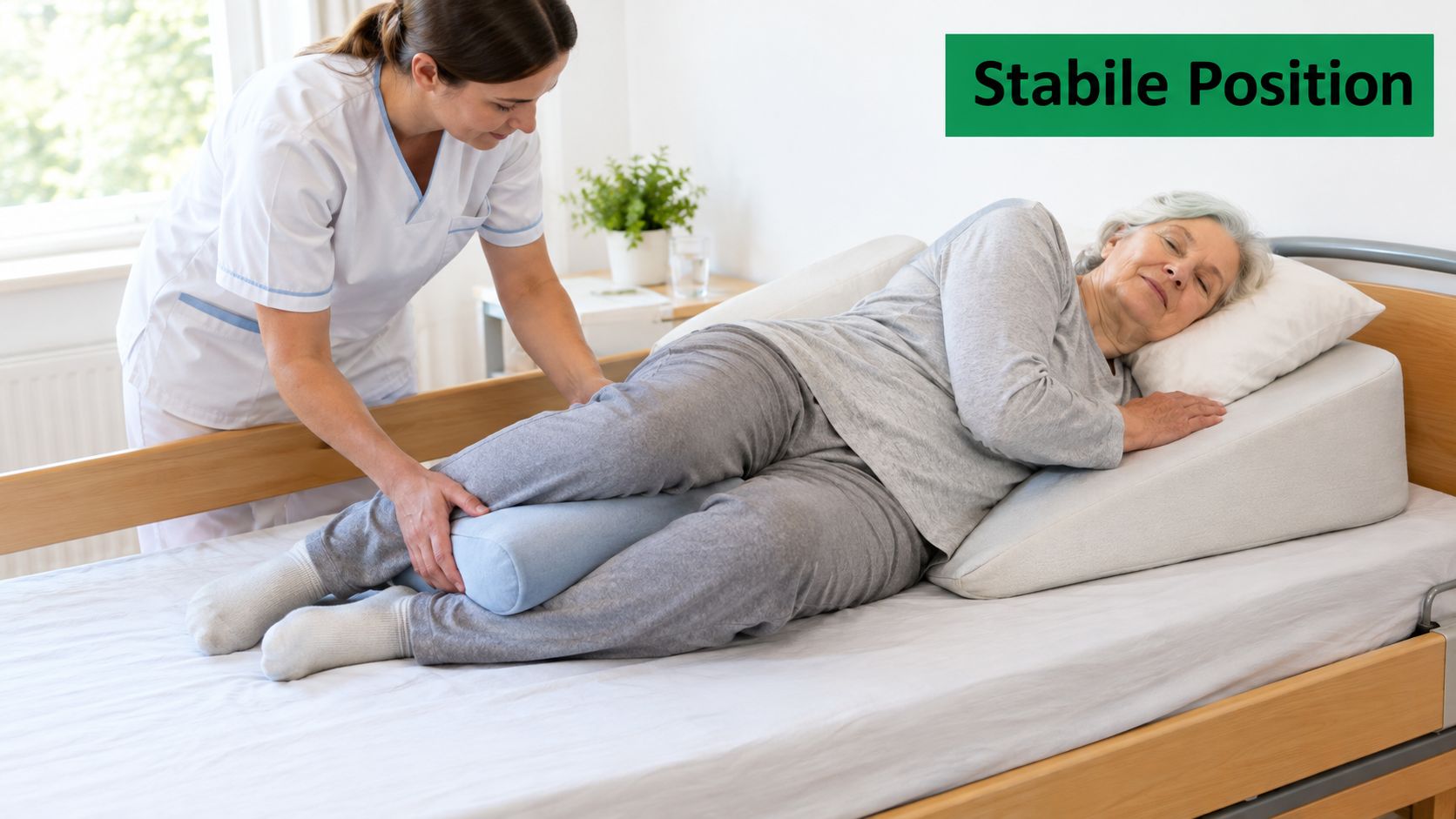 Eine Pflegekraft unterstützt eine ältere Patientin bei der korrekten 30-Grad-Seitenlagerung zur Druckentlastung in einem Pflegebett.