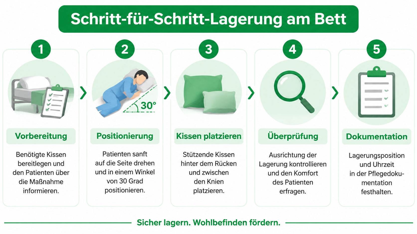 Eine Schritt-für-Schritt-Anleitung zur Durchführung einer 30-Grad-Seitenlagerung bei Patienten zur Förderung des Wohlbefindens im Pflegealltag.