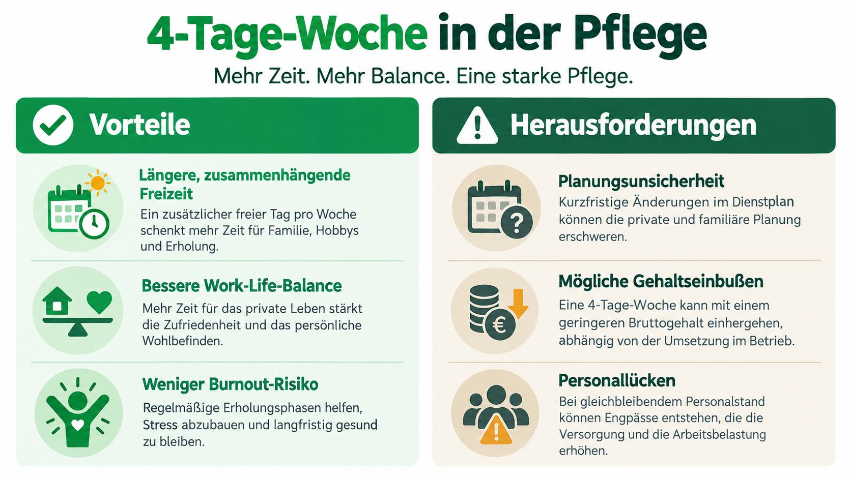 Eine Infografik zeigt die Vorteile und Herausforderungen der 4-Tage-Woche in der Pflege mit kurzen Erklärungen.
