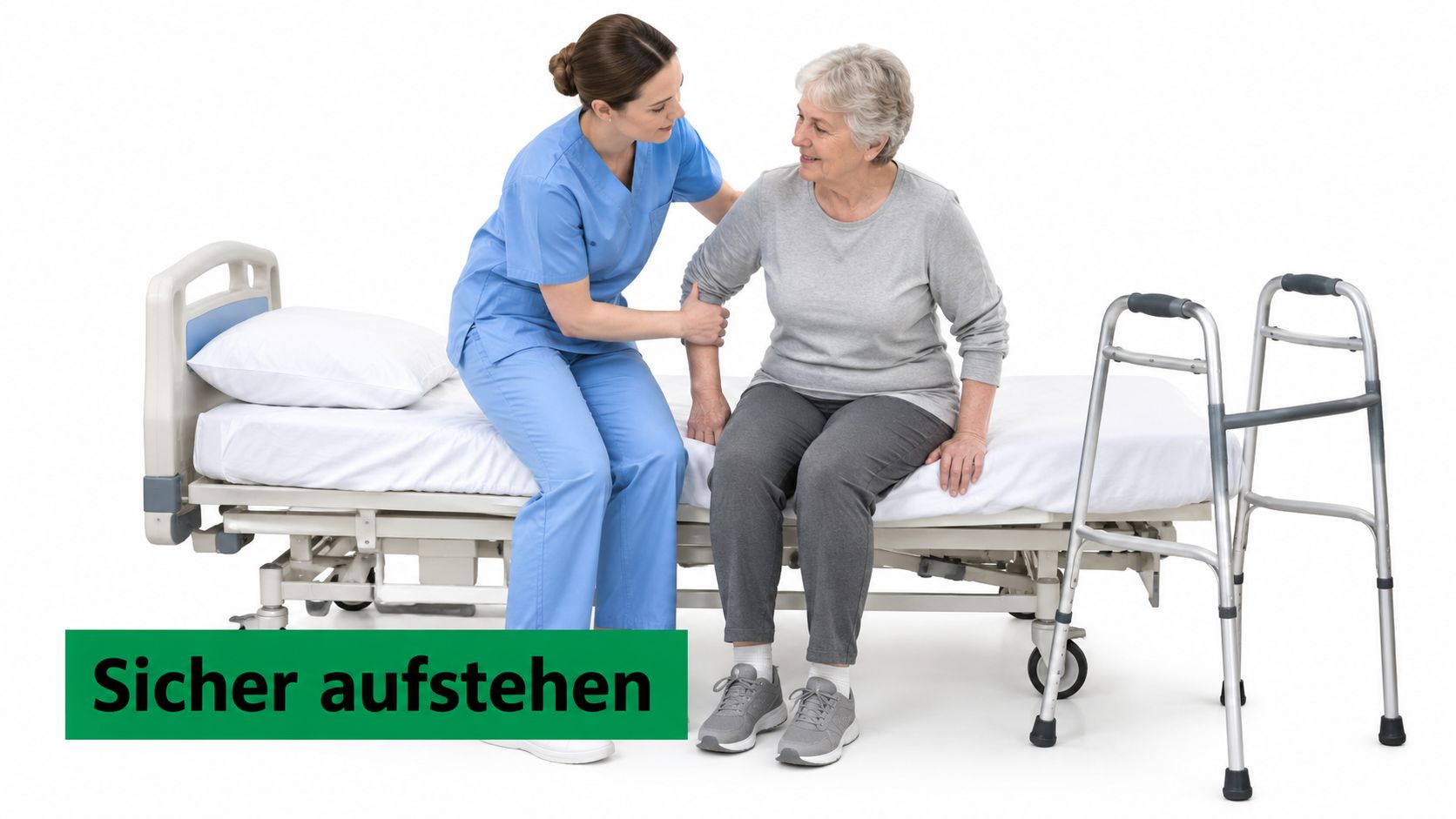 Eine Pflegekraft unterstützt eine ältere Dame beim sicheren Aufstehen vom Pflegebett mit Hilfe einer Gehhilfe.