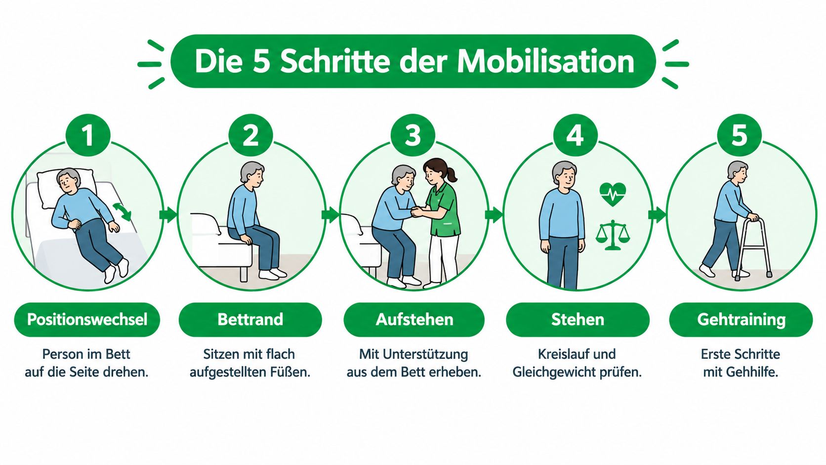 Eine Infografik mit fünf Schritten zur Mobilisierung von Patienten, von der Bewegung im Bett bis zum Gehtraining.