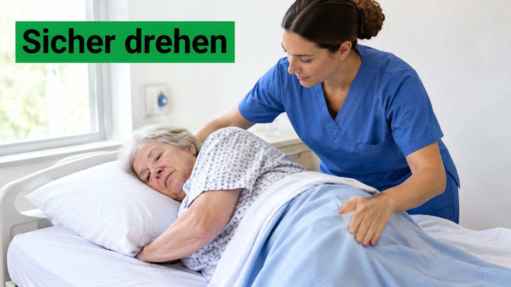 Eine Pflegekraft hilft einer älteren Dame sicher dabei, sich im Krankenhausbett auf die Seite zu drehen.