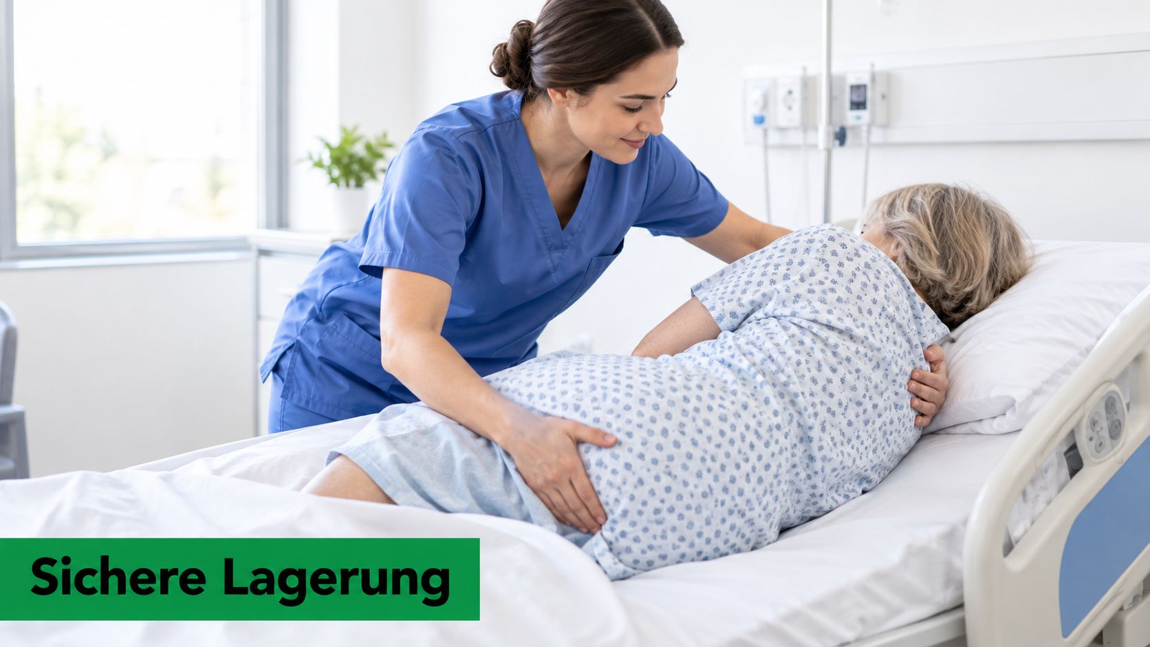 Eine Pflegekraft unterstützt eine ältere Patientin bei einer sicheren Lagerung im Krankenhausbett für mehr Komfort.