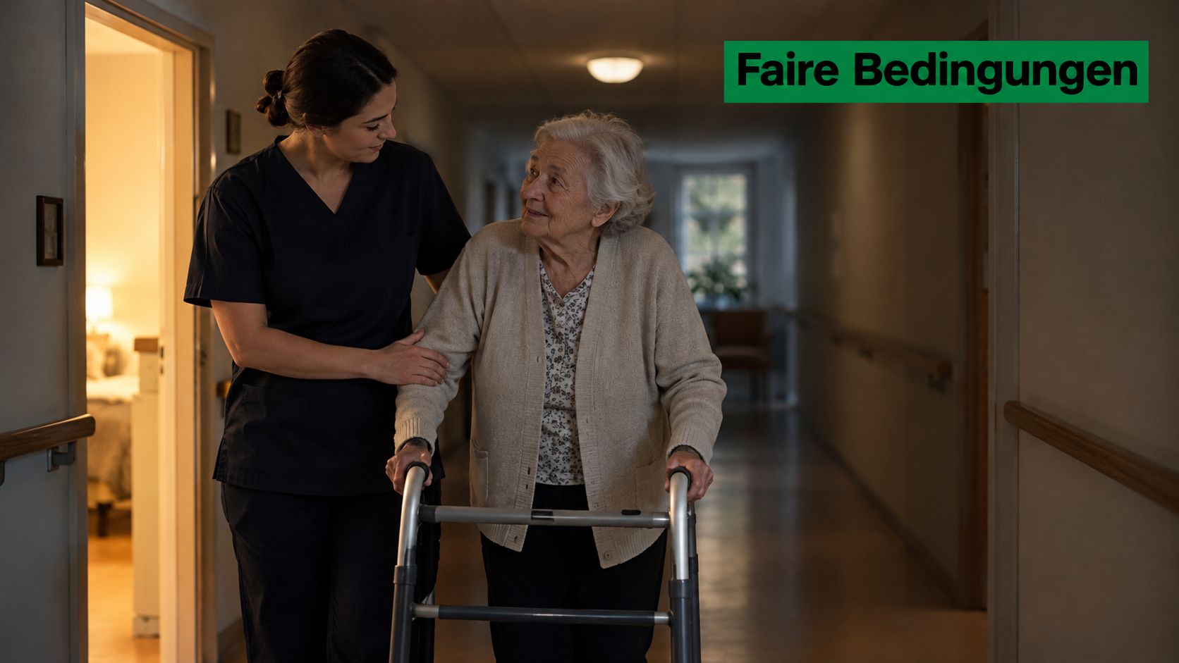 Eine Pflegekraft begleitet eine ältere Dame mit einer Gehhilfe durch einen beleuchteten Flur in einem Pflegeheim.