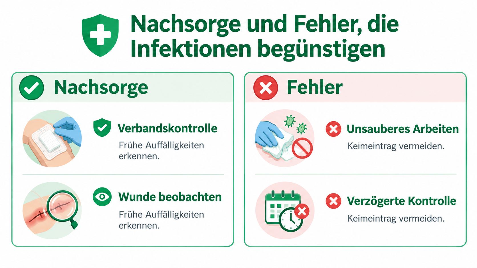 Infografik zur postoperativen Wundnachsorge und zur Vermeidung von Fehlern, die zu Wundinfektionen führen können.