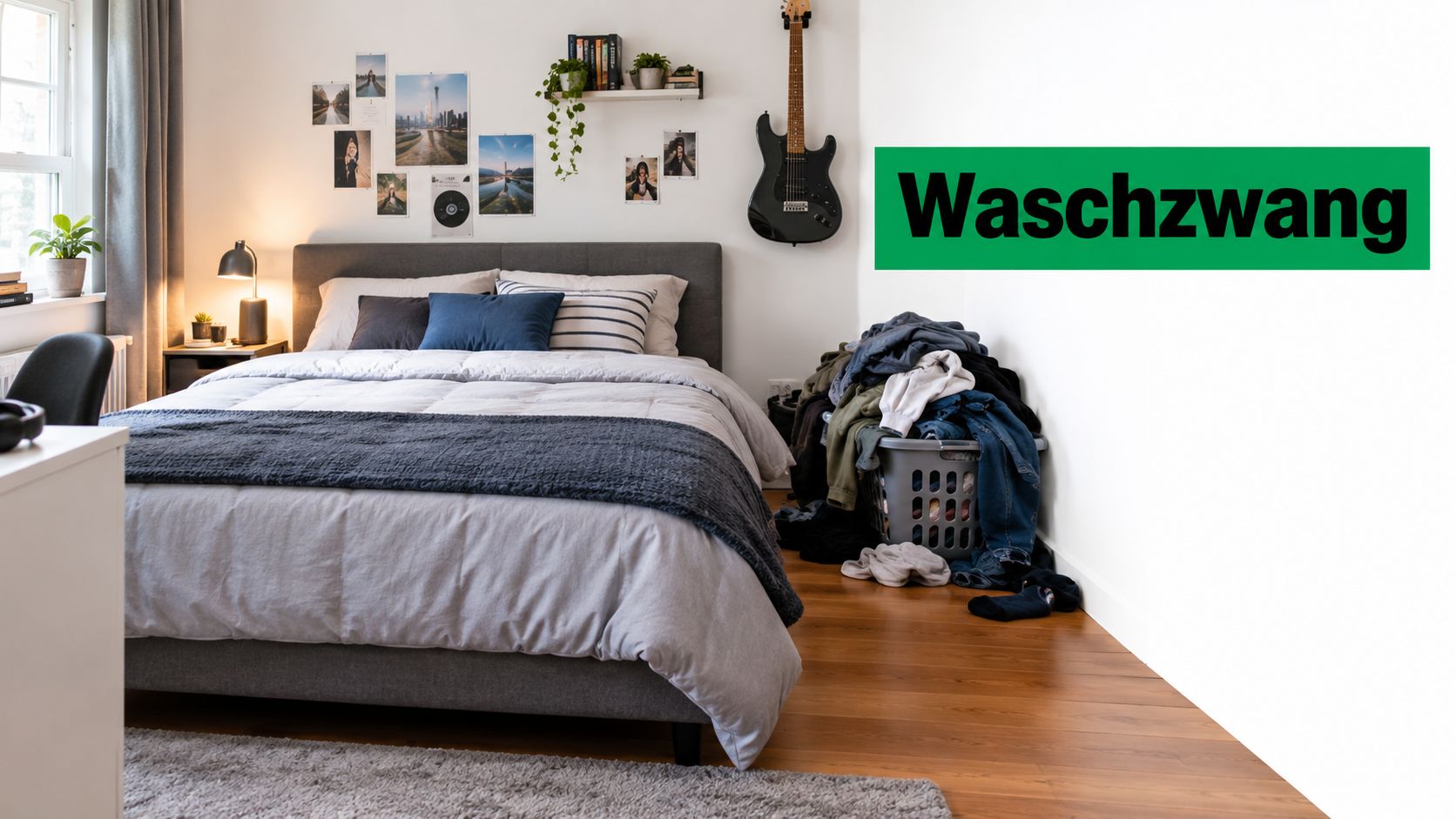 Ein unordentliches Schlafzimmer mit einem überquellenden Wäschekorb neben dem Bett und dem Schriftzug Waschzwang an der Wand.
